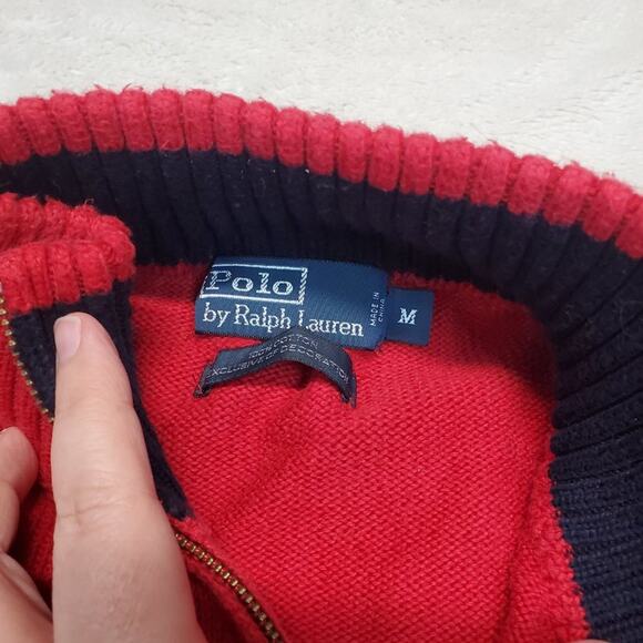 Polo Ralph Lauren Red 1/4 Zip Up Mockneck Knit Blue Pony Pullover Sweater Men M - Picture 3 of 6